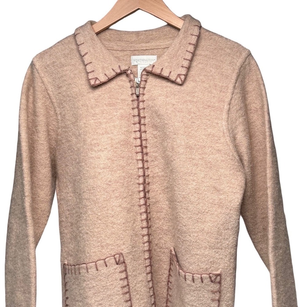 Wool Zip Cardigan Medium Dark Khaki Neutral‎ Taupe Minimalist 90s Vintage Boho